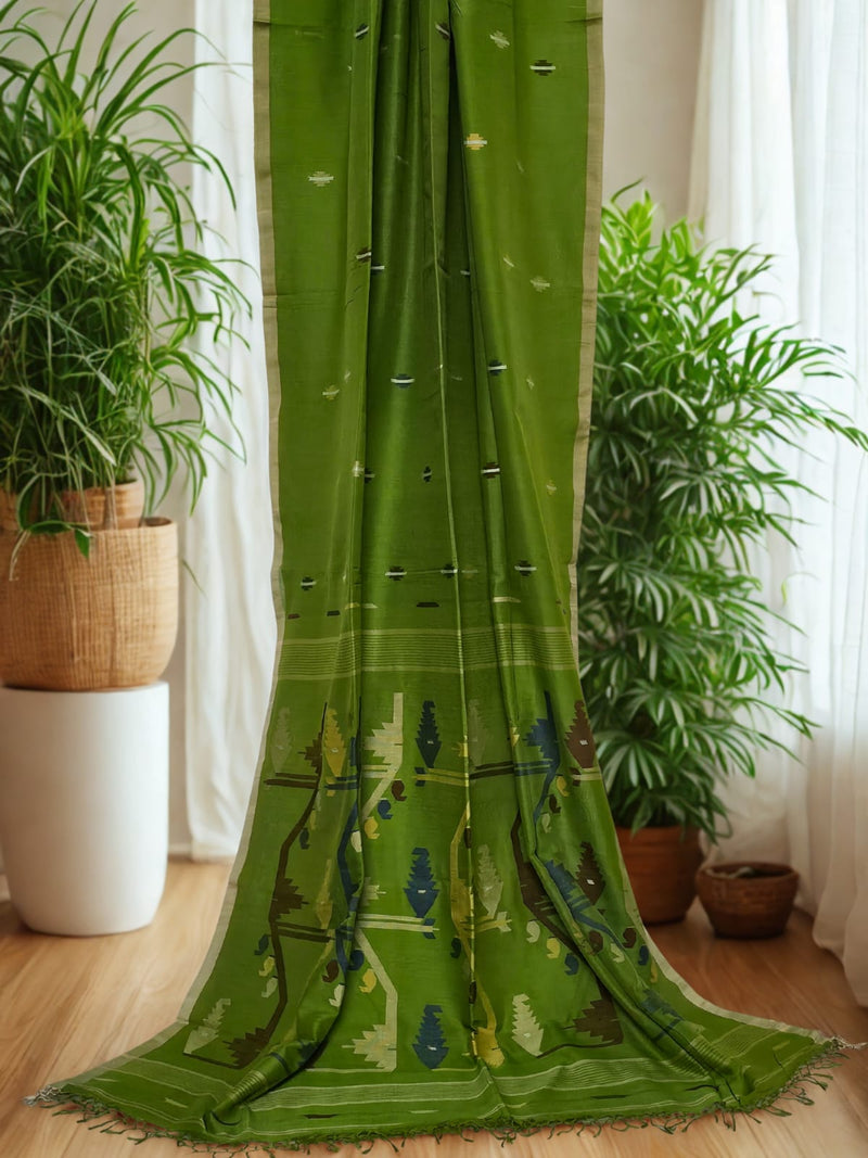 Mehendi Green Jamdani Bengal Cotton Saree with Beige Border and Contrast Motifs