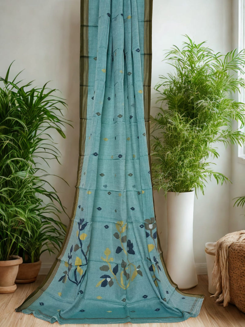Sea Green Handloom Jamdani Bengal Cotton Saree