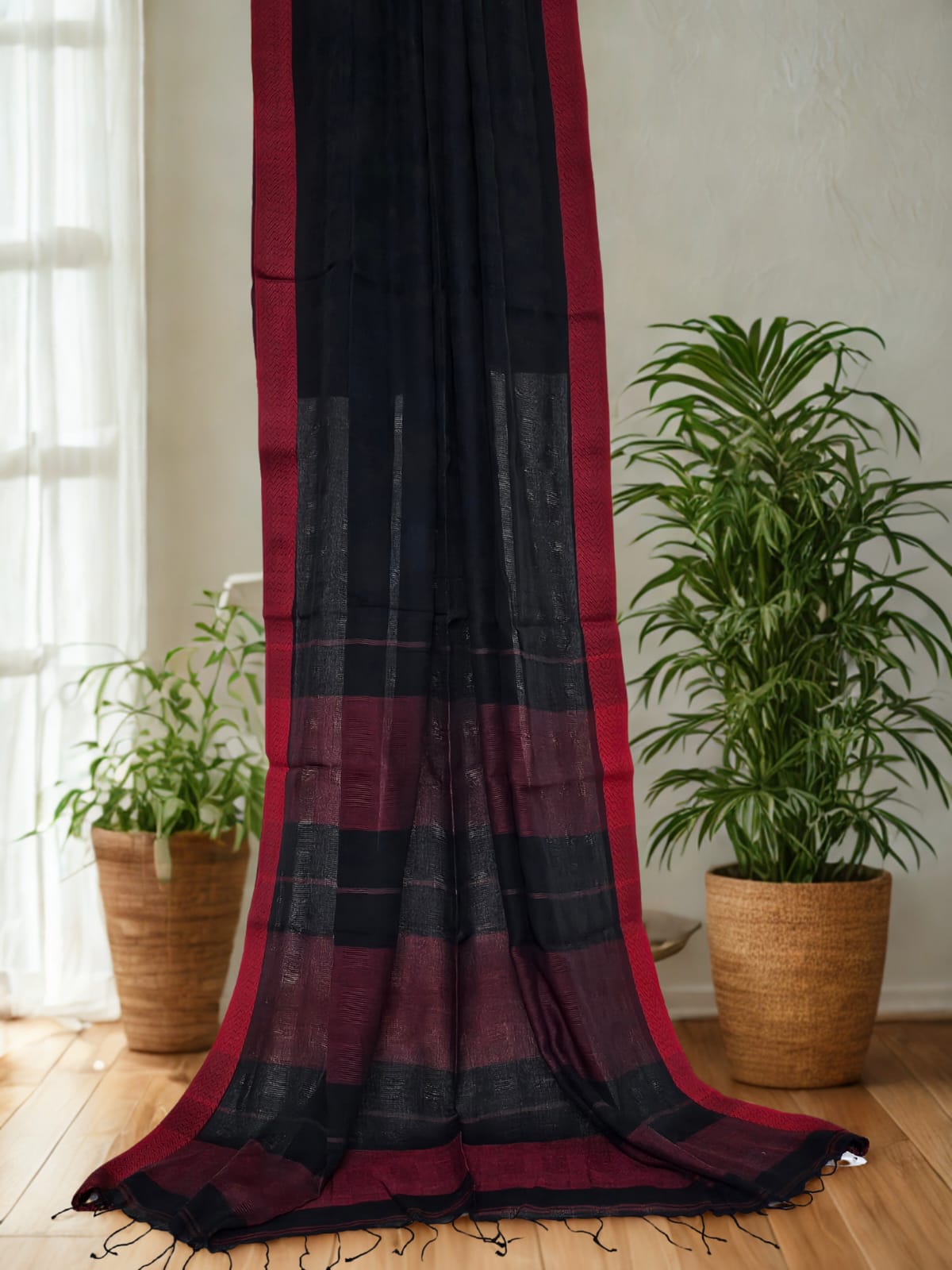 Black Handloom Khadi Saree with Jaali Pattern