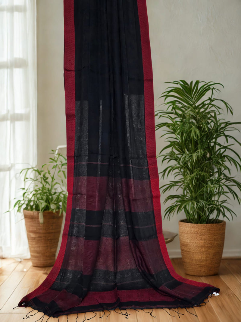 Black Handloom Khadi Saree with Jaali Pattern