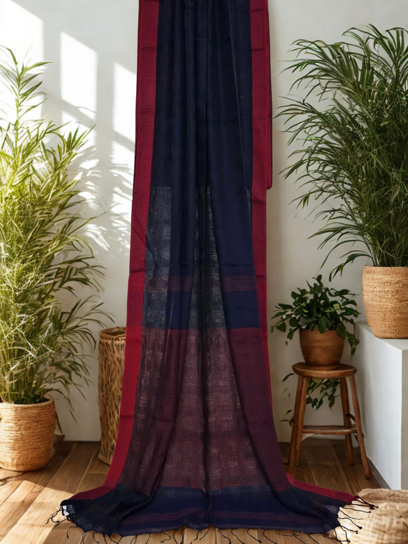 Navy Blue Handloom Khadi Saree with Jaali Pattern