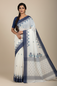 White Handloom Jamdhani Saree with Navy Blue Border and Motifs
