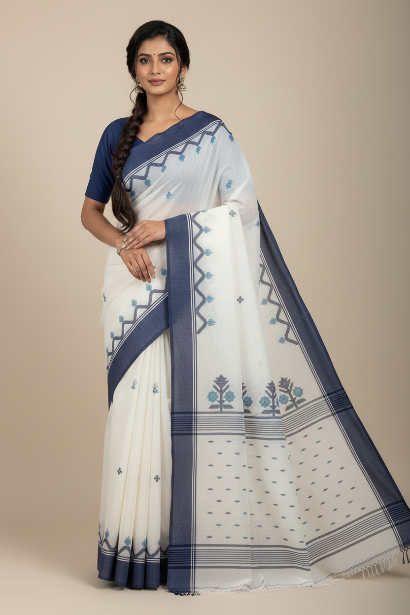 White Handloom Jamdhani Saree with Navy Blue Border and Motifs
