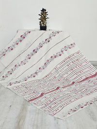 White Handloom Kantha Cotton Saree Pink Color floral motifs
