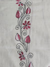 White Handloom Kantha Cotton Saree Pink Color floral motifs