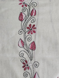 White Handloom Kantha Cotton Saree Pink Color floral motifs