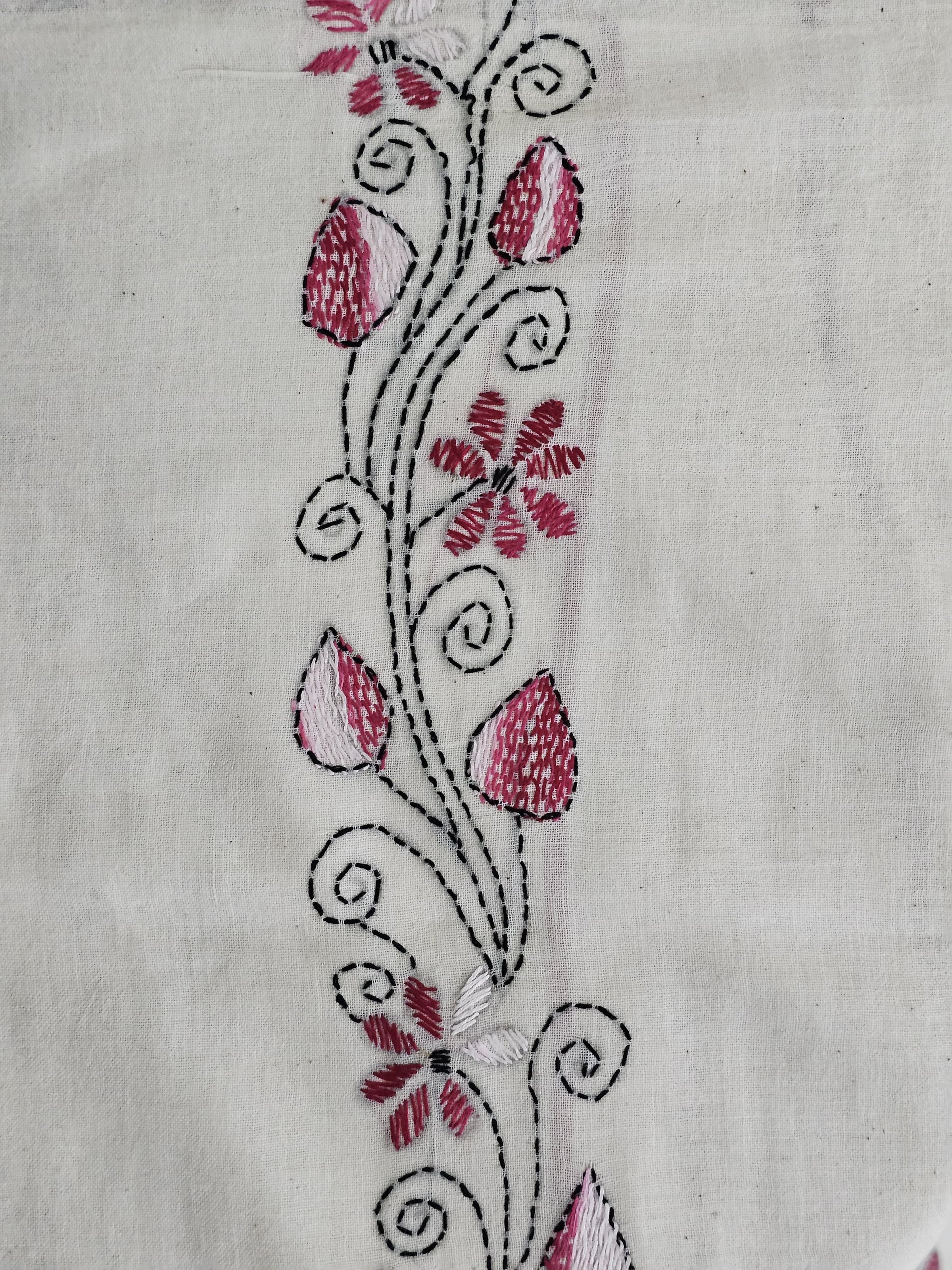 White Handloom Kantha Cotton Saree Pink Color floral motifs