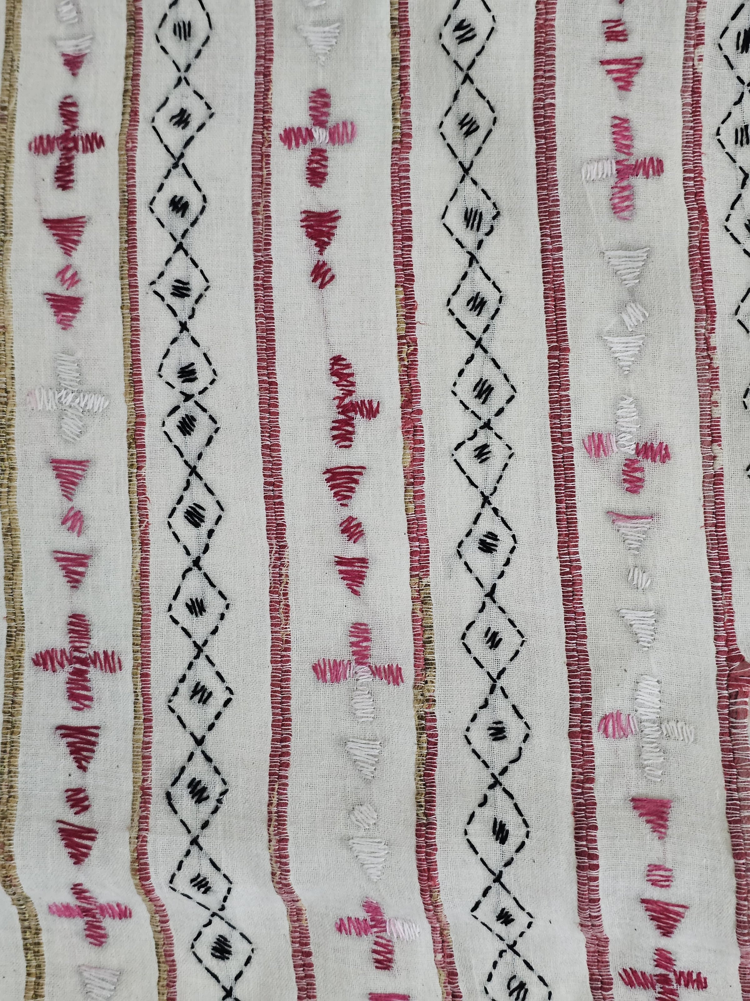 White Handloom Kantha Cotton Saree Pink Color floral motifs