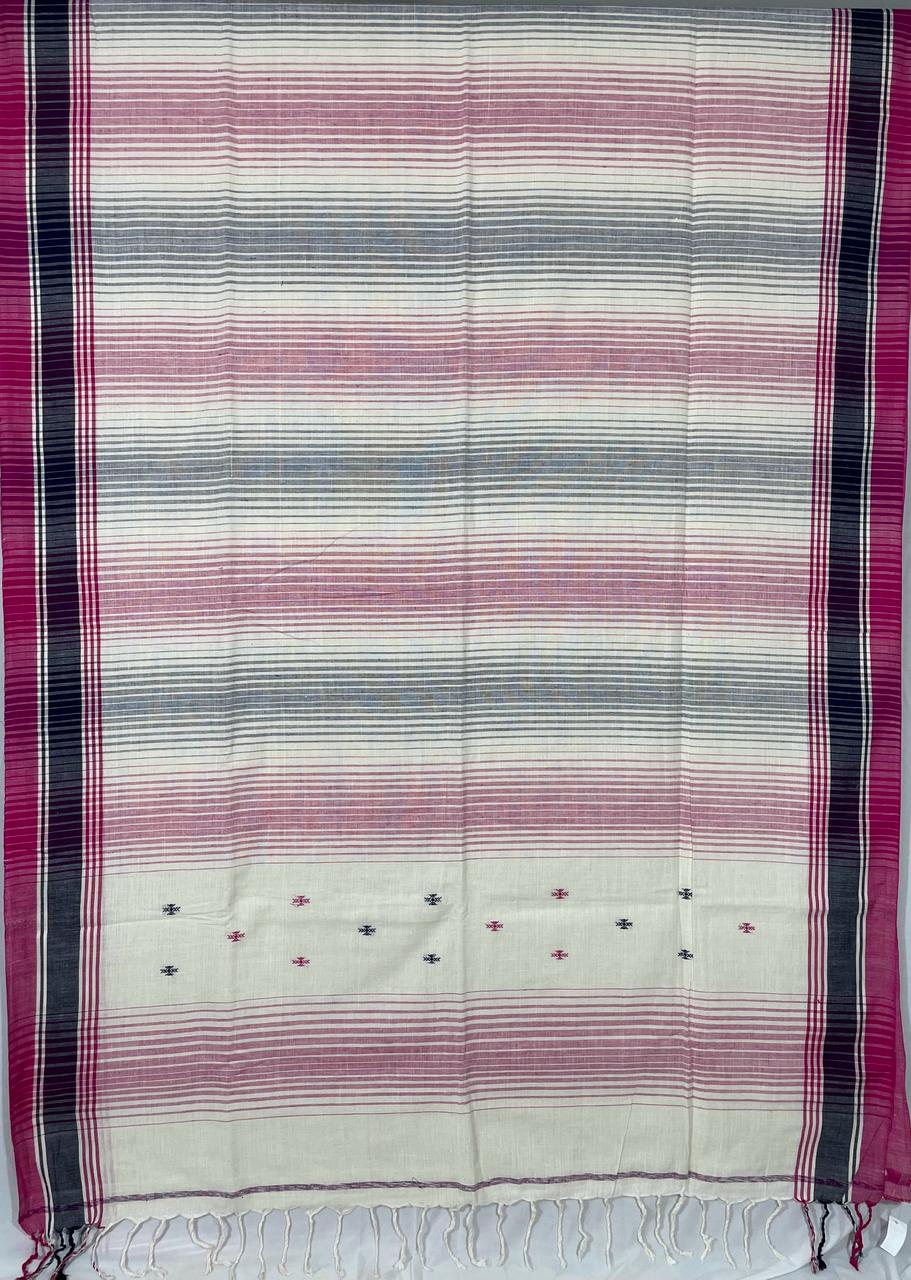 White Handloom Khadi Saree with Pink and Blue Stripes