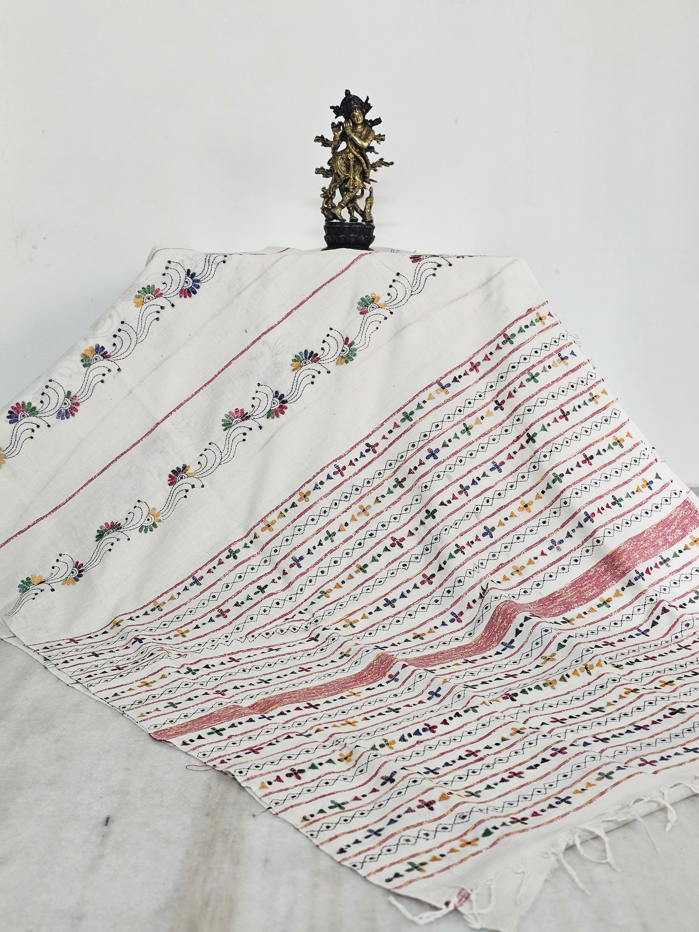 White Hantha Kantha Cotton Saree Multi Color floral motifs
