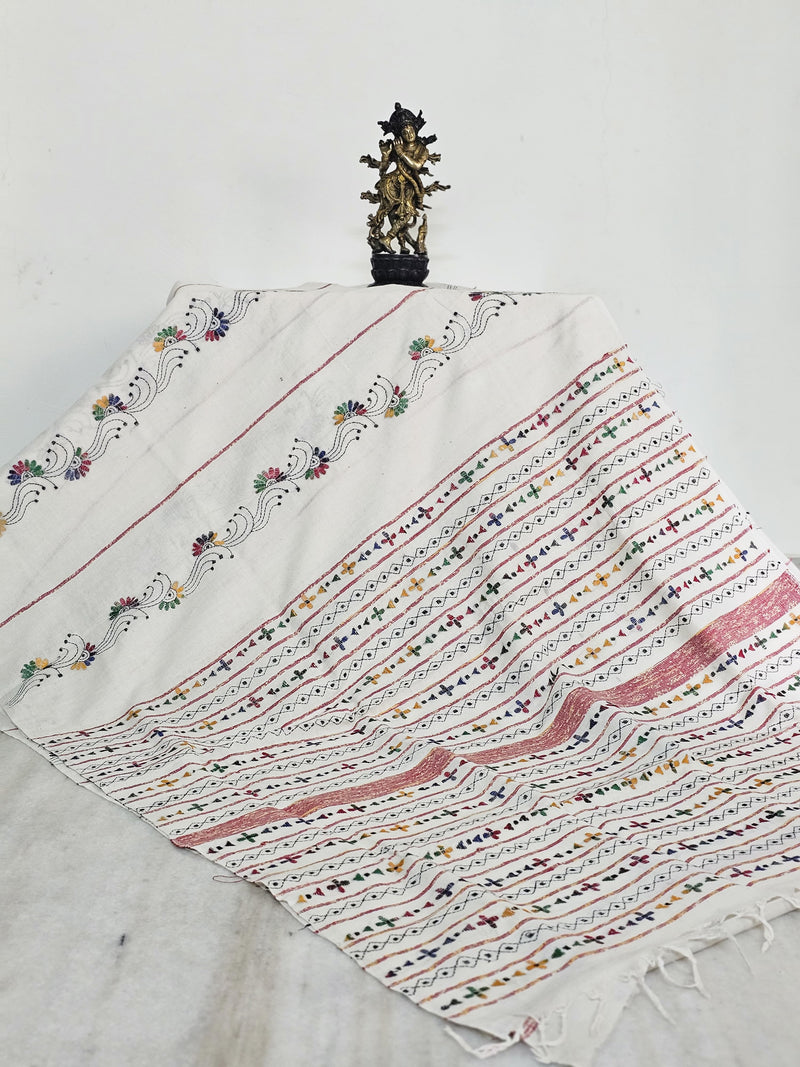 White Hantha Kantha Cotton Saree Multi Color floral motifs