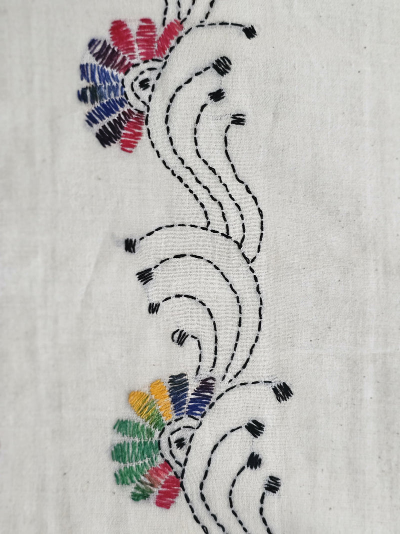 White Hantha Kantha Cotton Saree Multi Color floral motifs