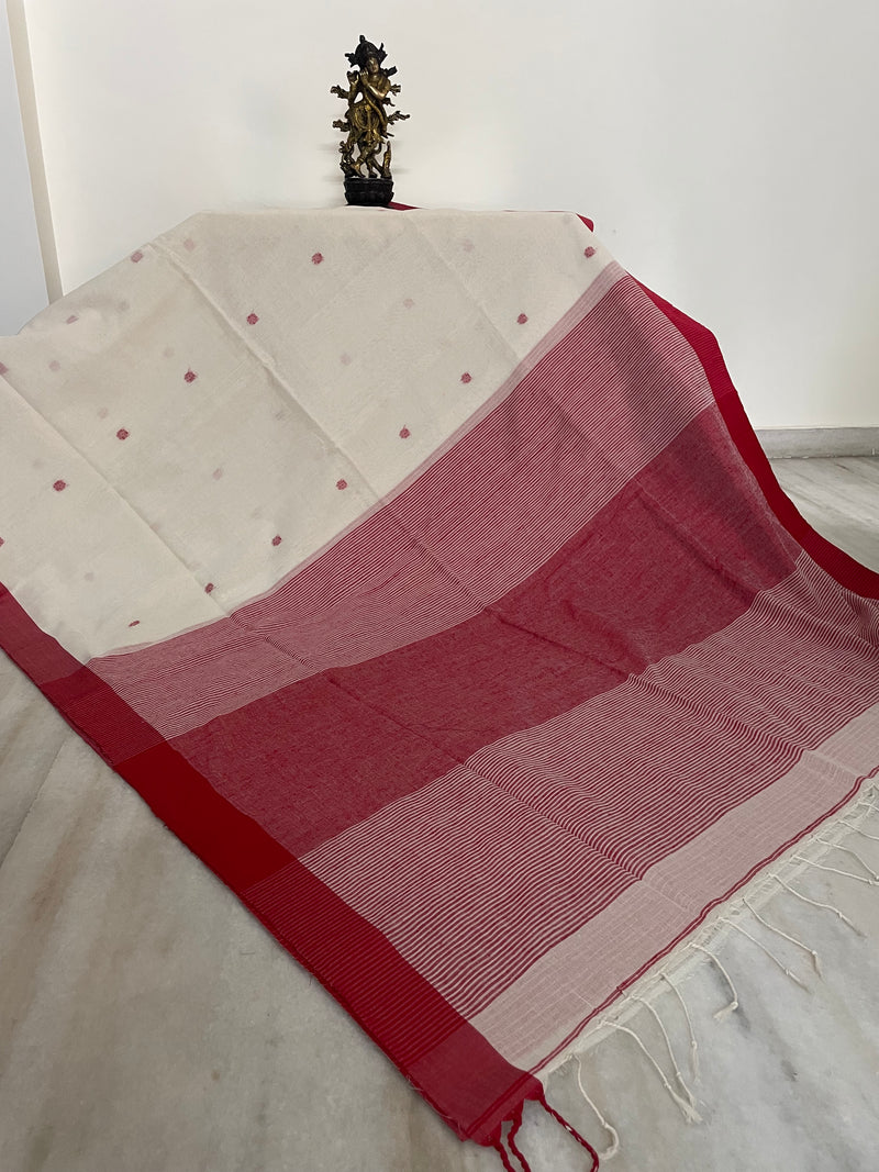 Off White Khadi Saree with Red motifs & Border