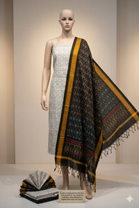 White Pochampally Handloom Ikat Silk Cotton (Sico) Dress Material with Black Dupatta