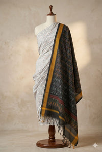 White Pochampally Handloom Ikat Silk Cotton (Sico) Dress Material with Black Dupatta