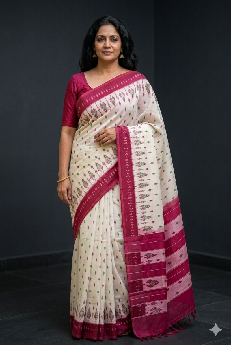 woman wearing White Handloom Pochampally Ikkat Mercerized Cotton Saree