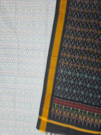 White Pochampally Handloom Ikat Silk Cotton (Sico) Dress Material with Black Dupatta