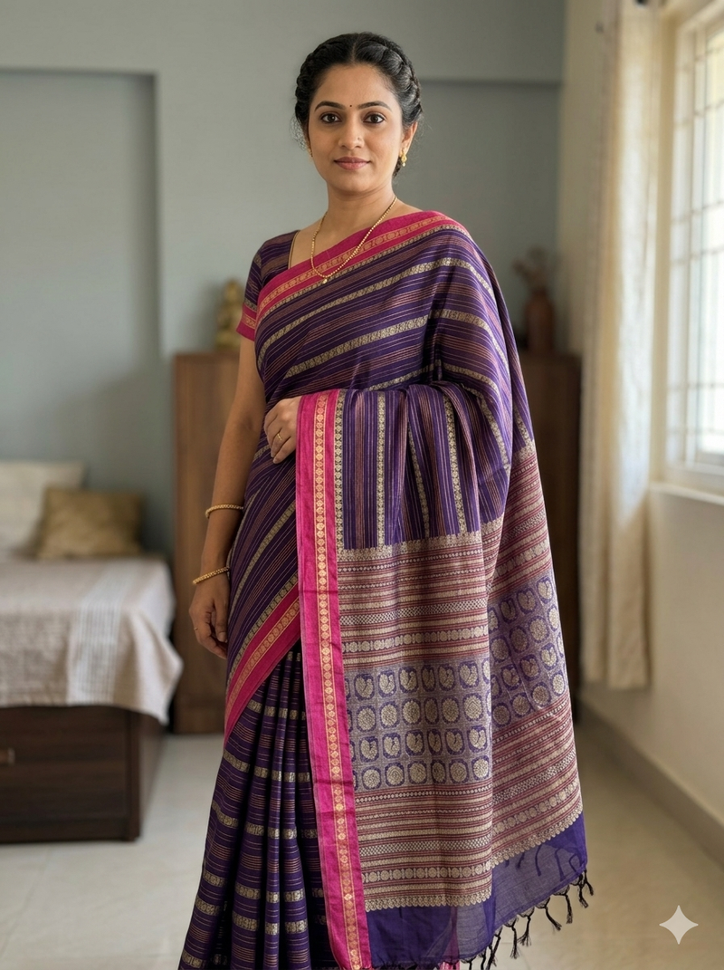 Woman in Vainika – Purple Handloom Kanchi Cotton Saree with Horizontal stripes