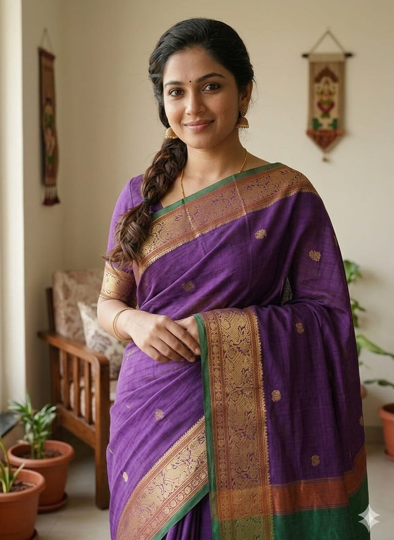 woman wearing Tejasvi – Purple Pure Handloom Kanchi Cotton Saree with Zari Border and Green Selvedge