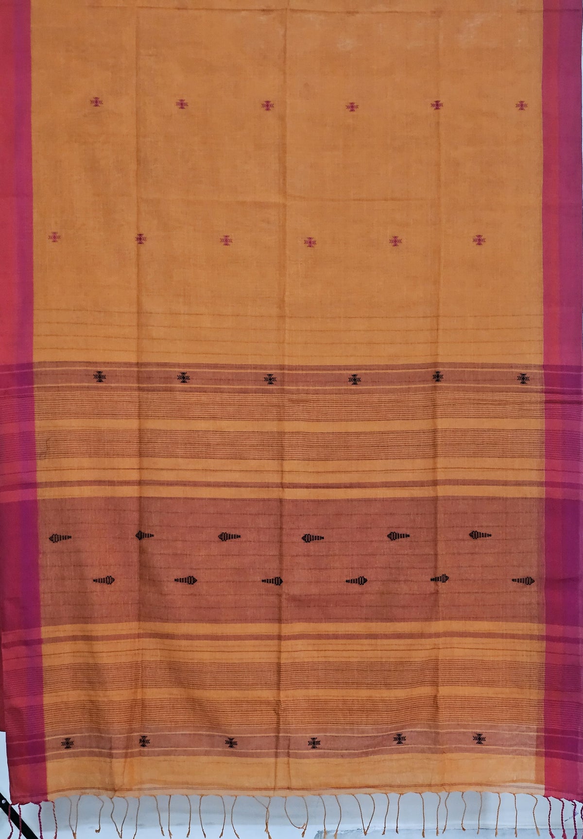 Yamika – Burnt Orange Handloom Khadi Saree with Magenta Pink Border & Bhujodi Motifs