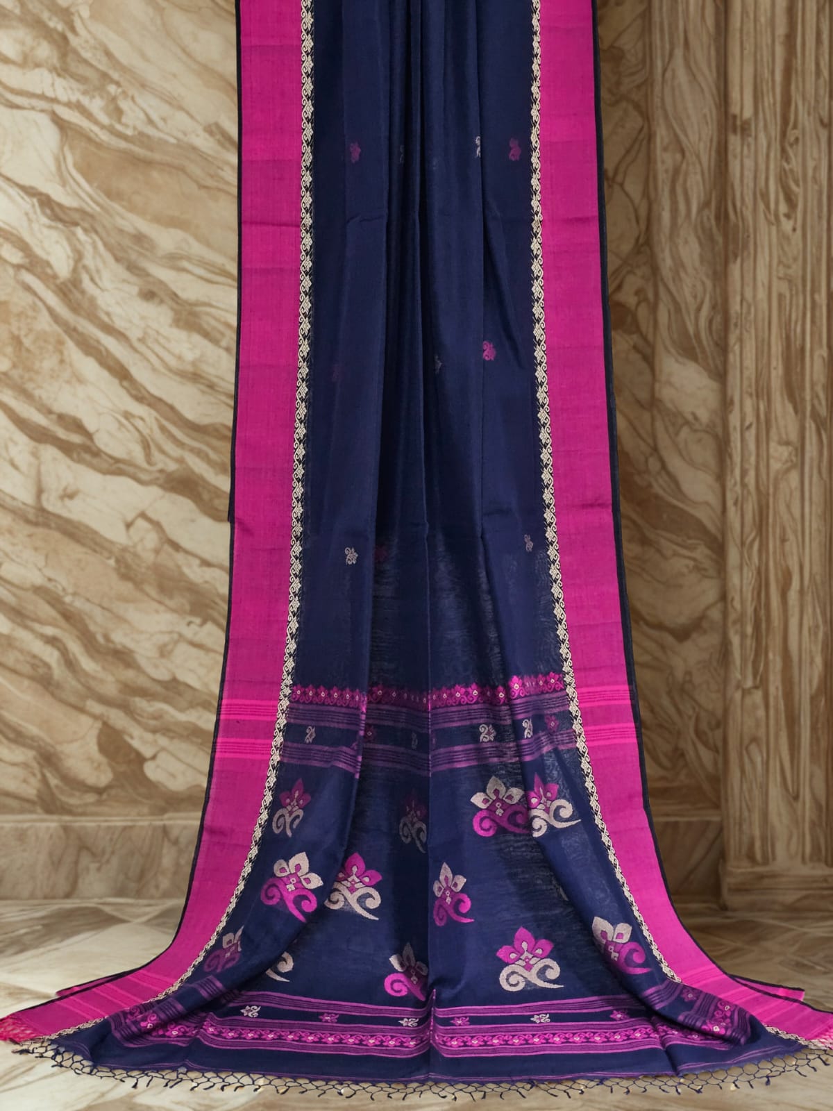Yamika – Navy Blue Handloom Bengal Cotton Saree with Pink & Beige Motifs