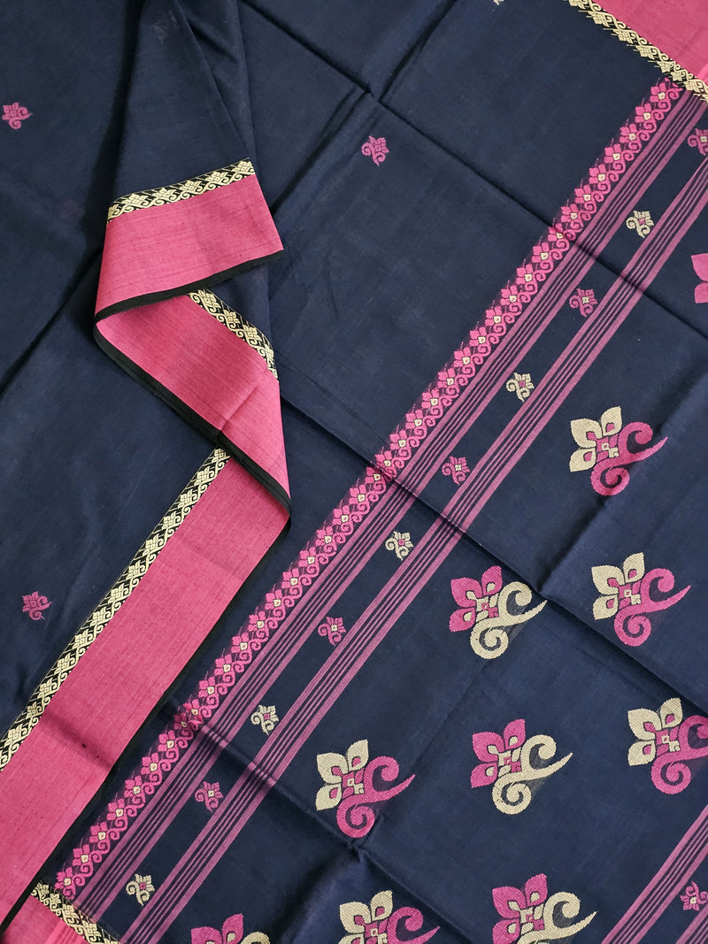 Yamika – Navy Blue Handloom Bengal Cotton Saree with Pink & Beige Motifs