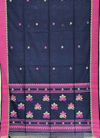 Yamika – Navy Blue Handloom Bengal Cotton Saree with Pink & Beige Motifs