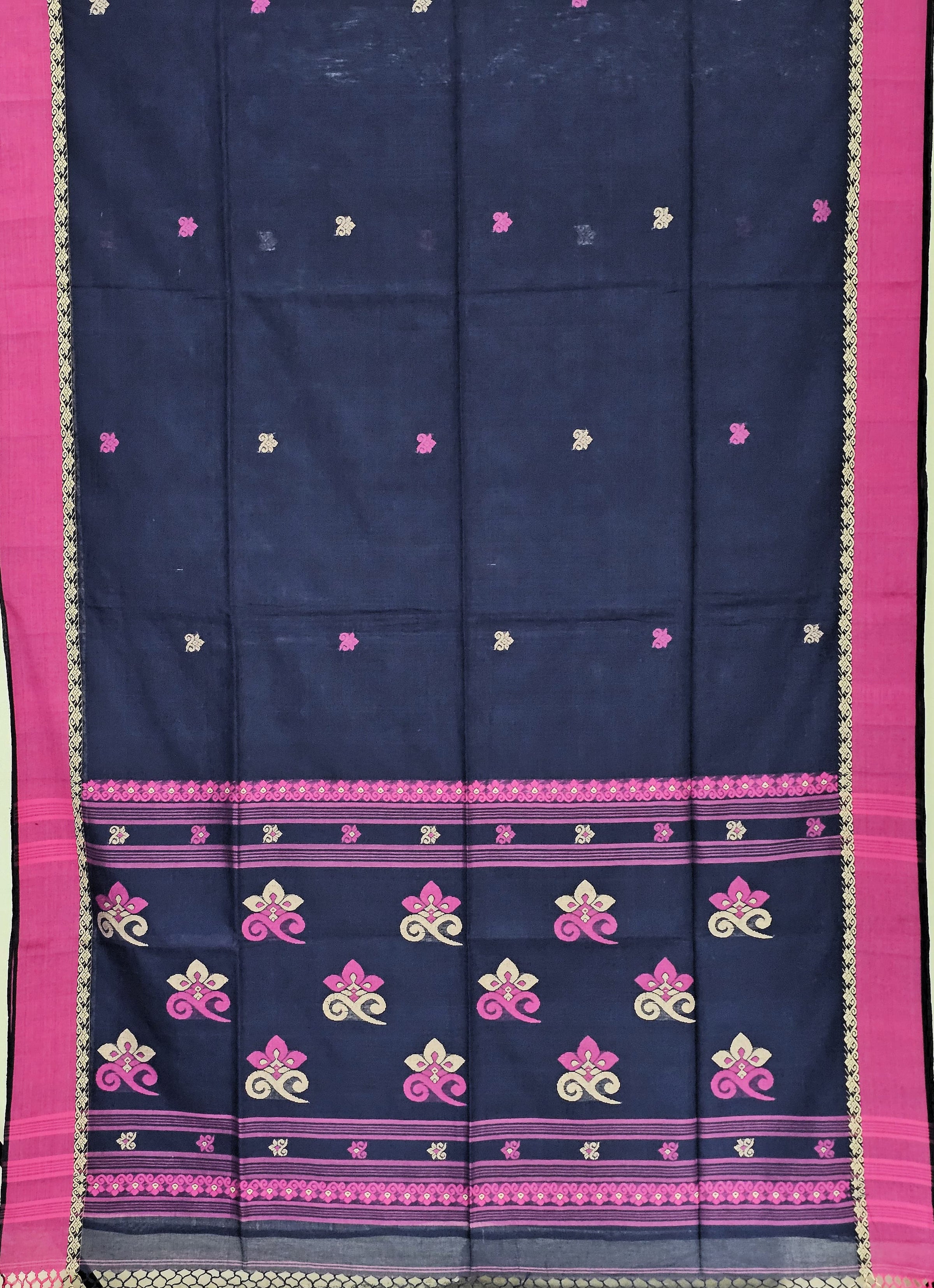 Yamika – Navy Blue Handloom Bengal Cotton Saree with Pink & Beige Motifs