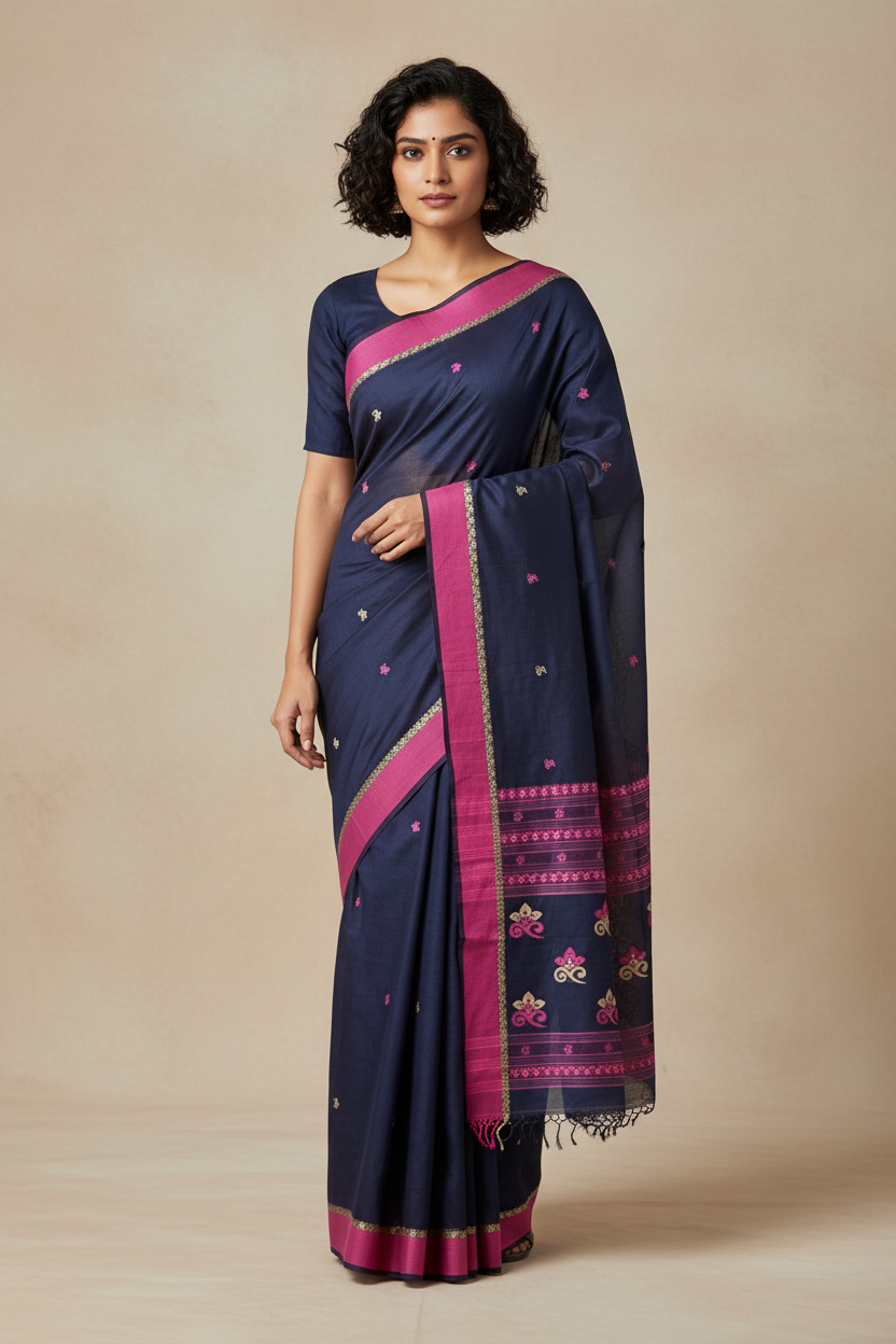 Yamika – Navy Blue Handloom Bengal Cotton Saree with Pink & Beige Motifs