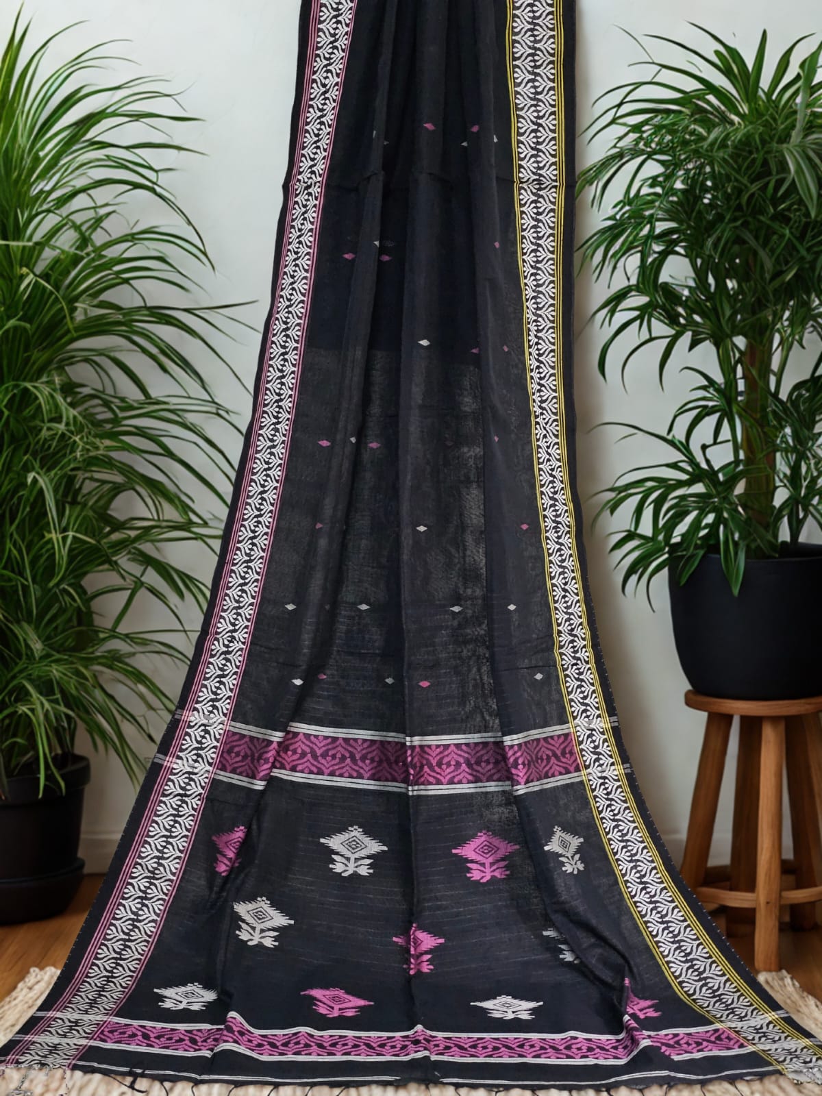 Yamini – Black Handloom Khadi Saree with White Border and Magenta Motifs