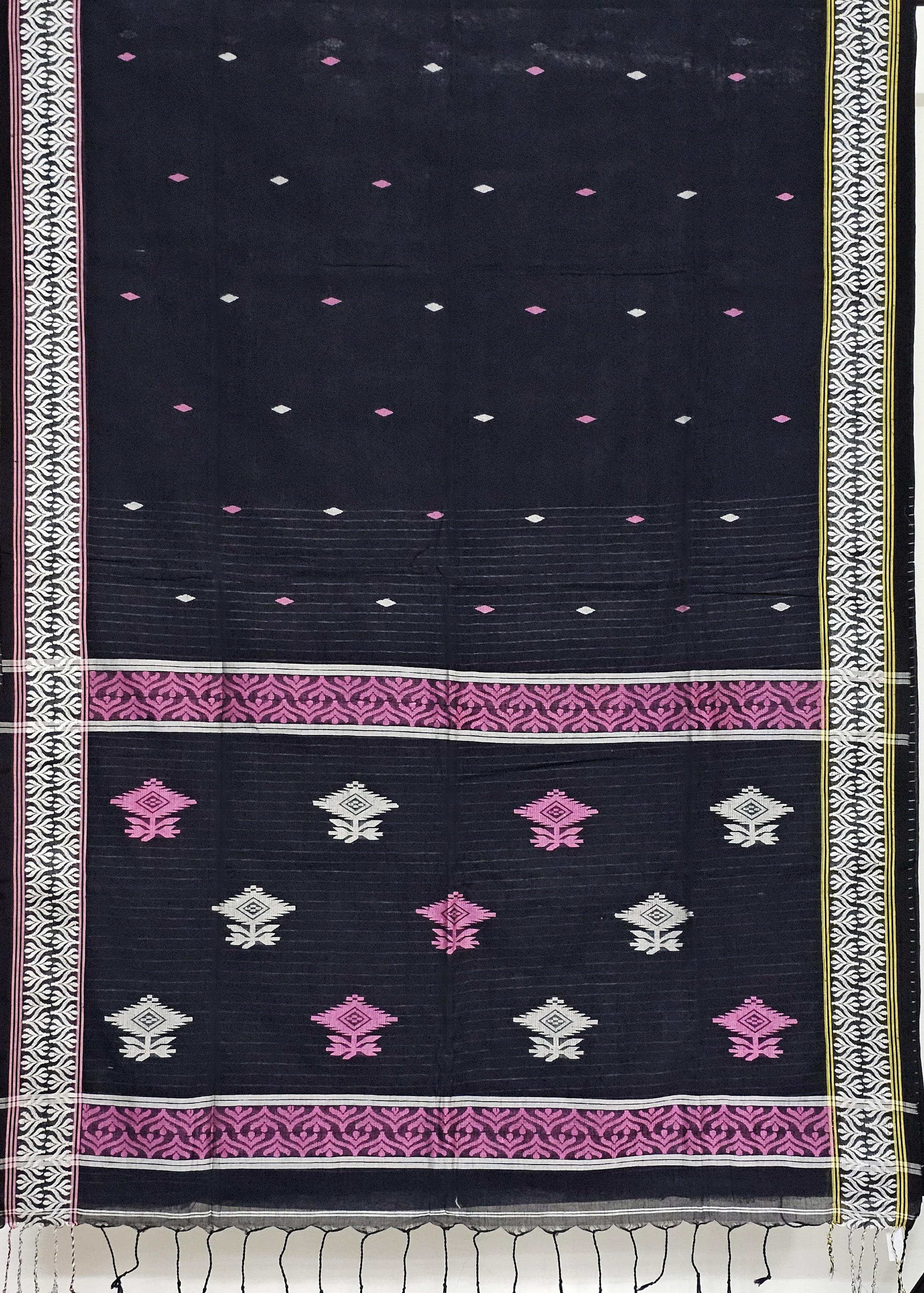 Yamini – Black Handloom Khadi Saree with White Border and Magenta Motifs
