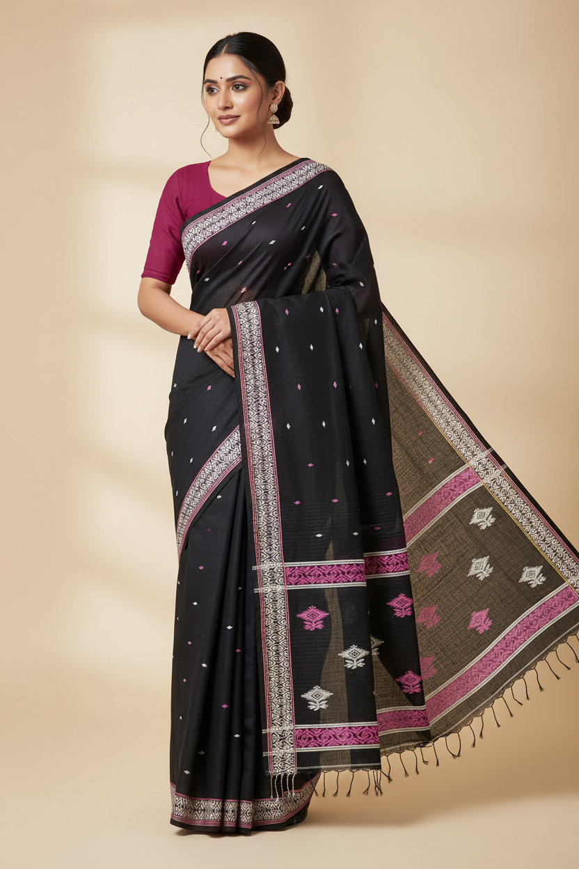 Yamini – Black Handloom Khadi Saree with White Border and Magenta Motifs