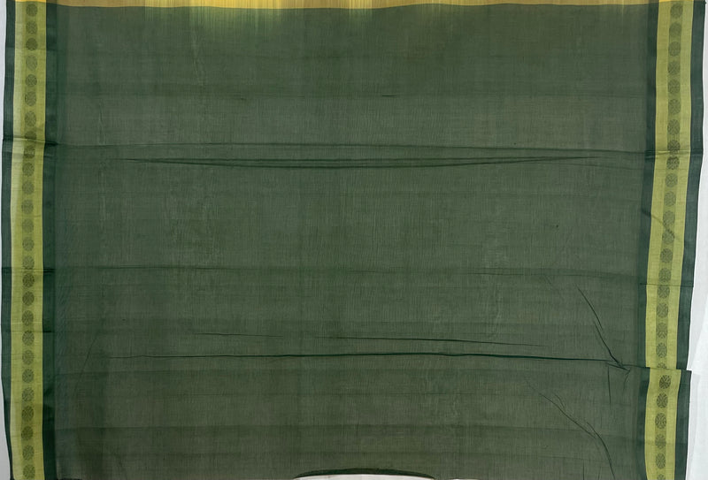 Yellow Handllom Kanchi Cotton Saree with Green Border and Motifs Blouse