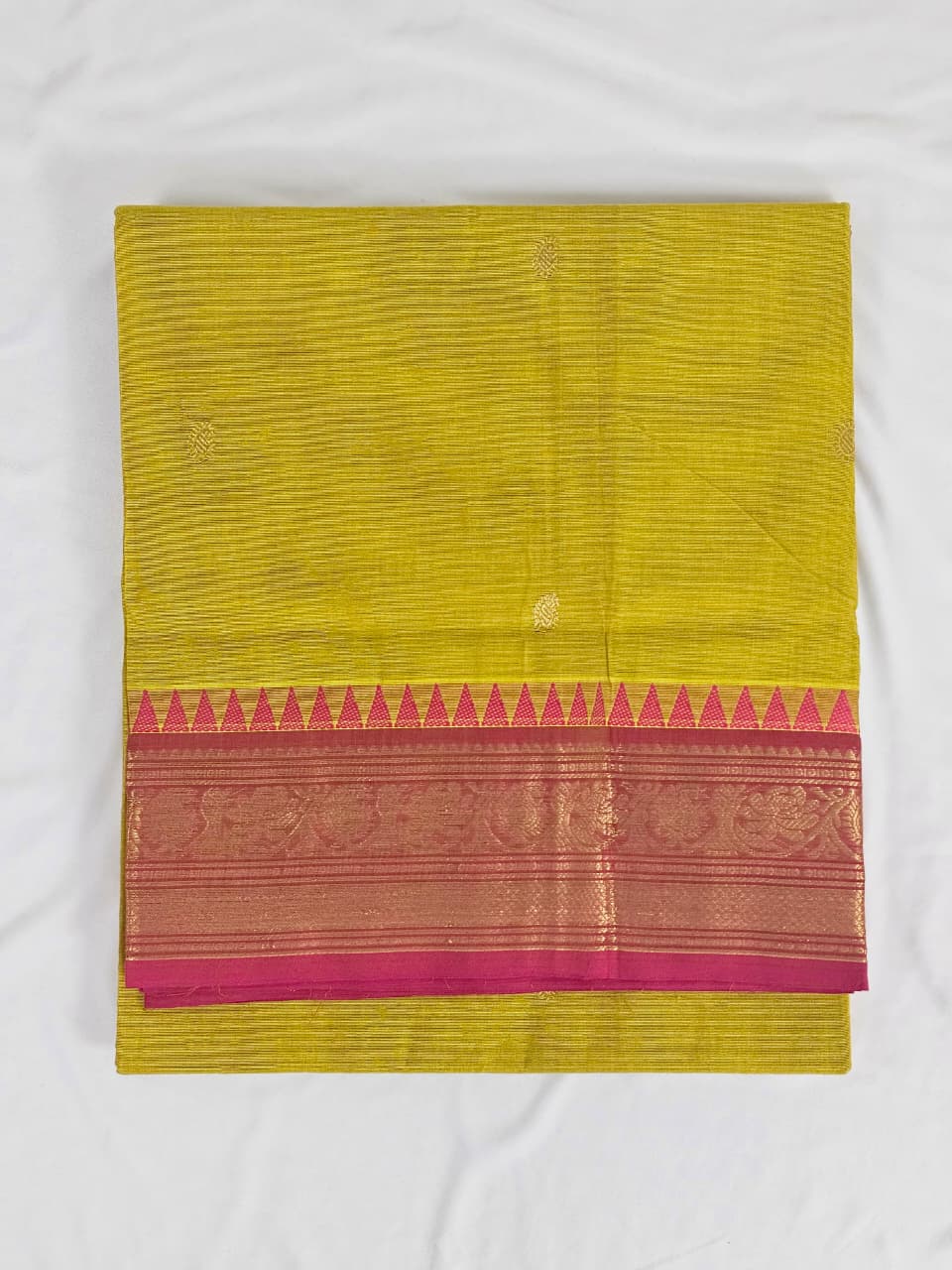 Yellow Handloom Venkatagiri Cotton Saree with Pink Zari Border