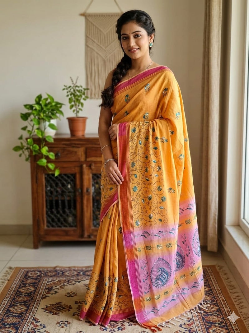 Suvarnika – Mustard Yellow Kantha Hand Embroidered Cotton Saree with Pink Pallu