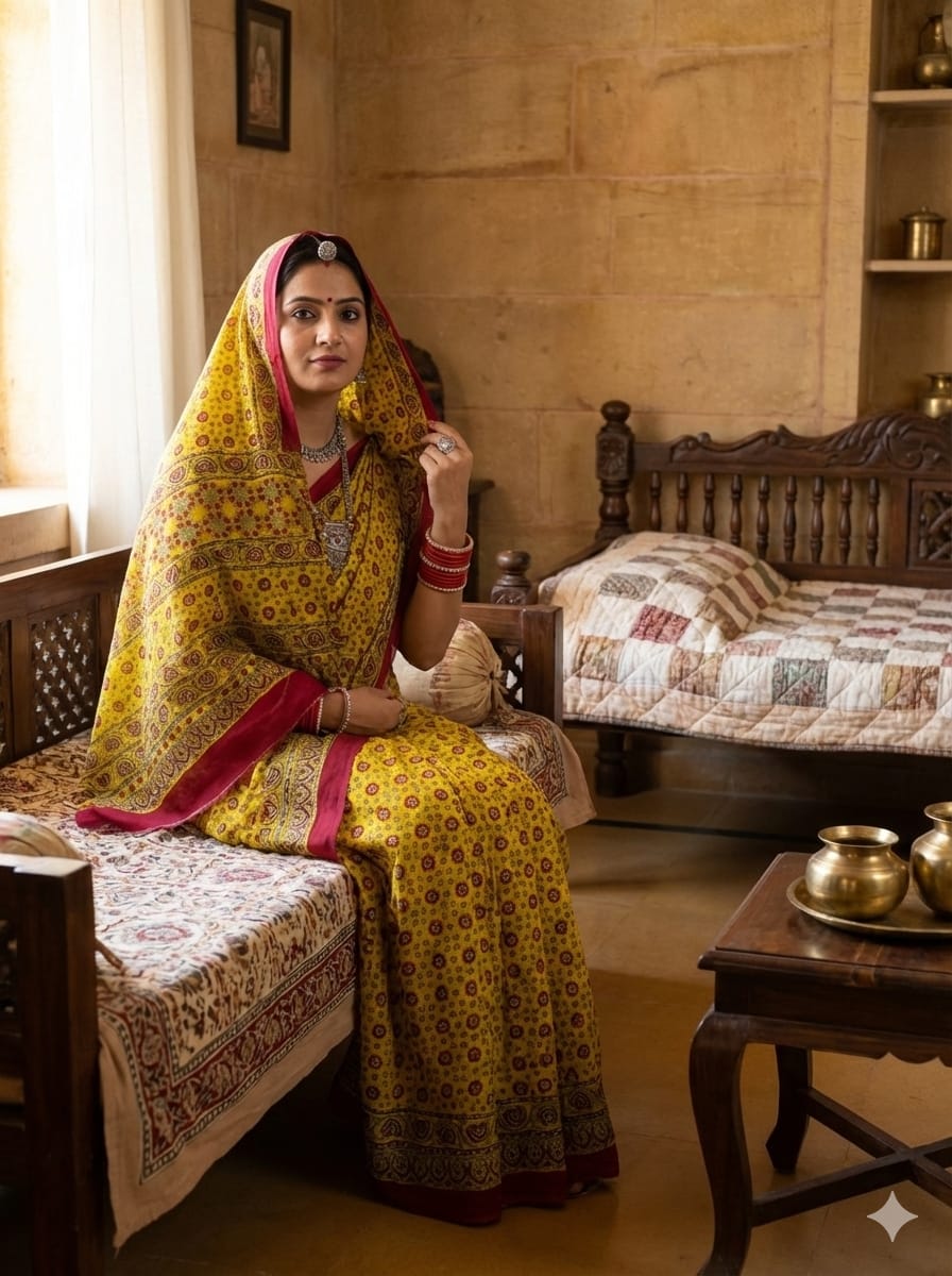Yellow and Maroon Ajrakh Handblock Printed Modal Silk Saree