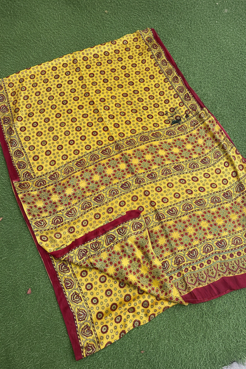 Yellow and Maroon Ajrakh Handblock Printed Modal Silk Saree