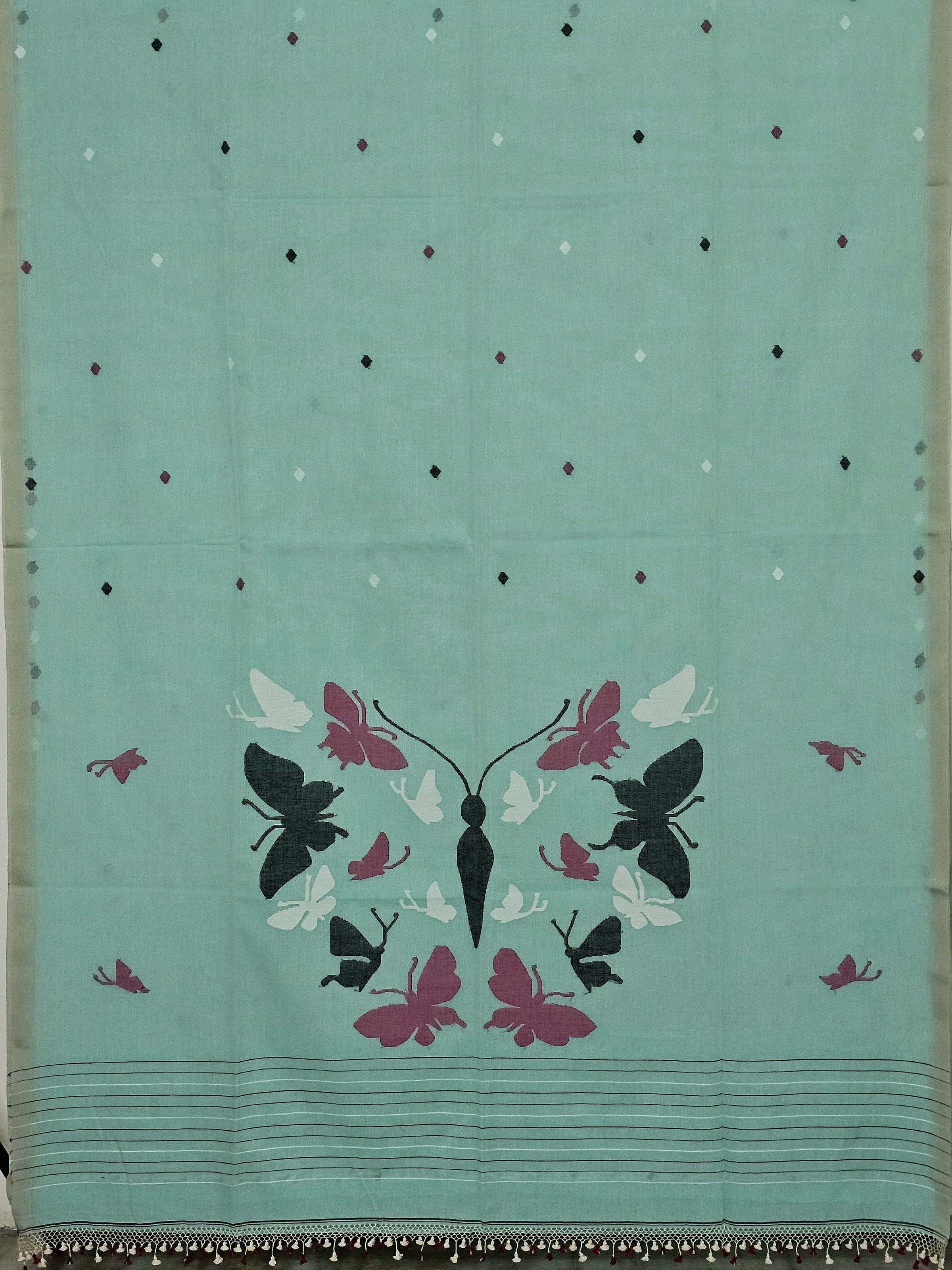 Yoshita – Sea Green Jamdhani Handloom Bengal Cotton Saree with Butterfly Motifs