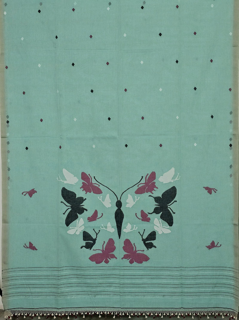 Yoshita – Sea Green Jamdhani Handloom Bengal Cotton Saree with Butterfly Motifs