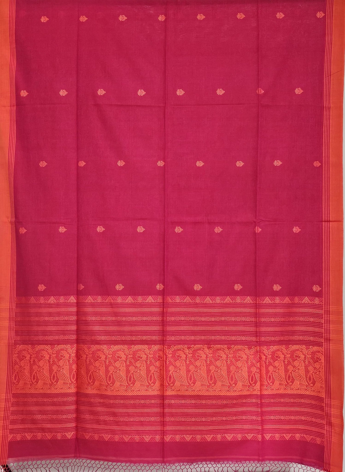 Anvitha – Magenta Pink Handloom Bengal Cotton Saree with Orange Baluchari Motifs - Kleemkaara
