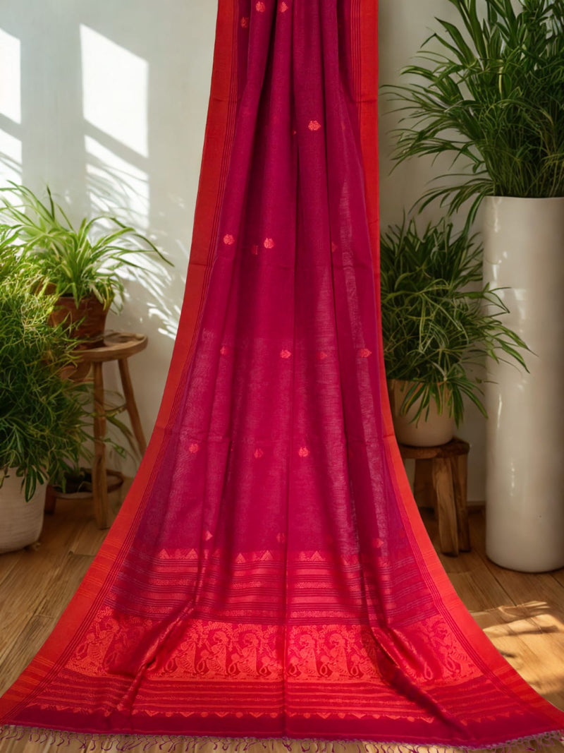 Anvitha – Magenta Pink Handloom Bengal Cotton Saree with Orange Baluchari Motifs - Kleemkaara