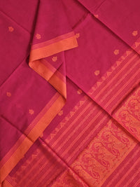 Anvitha – Magenta Pink Handloom Bengal Cotton Saree with Orange Baluchari Motifs - Kleemkaara