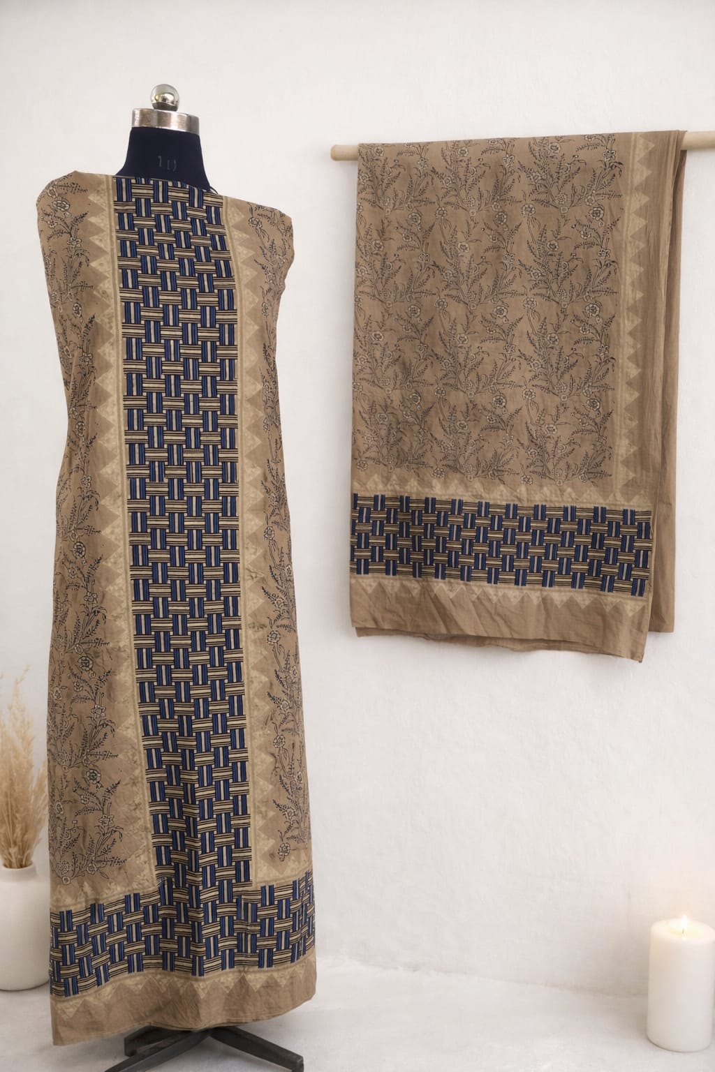 Beige Ajrakh Handblock Printed Pure Cotton 2-Piece Dress Material - Kleemkaara