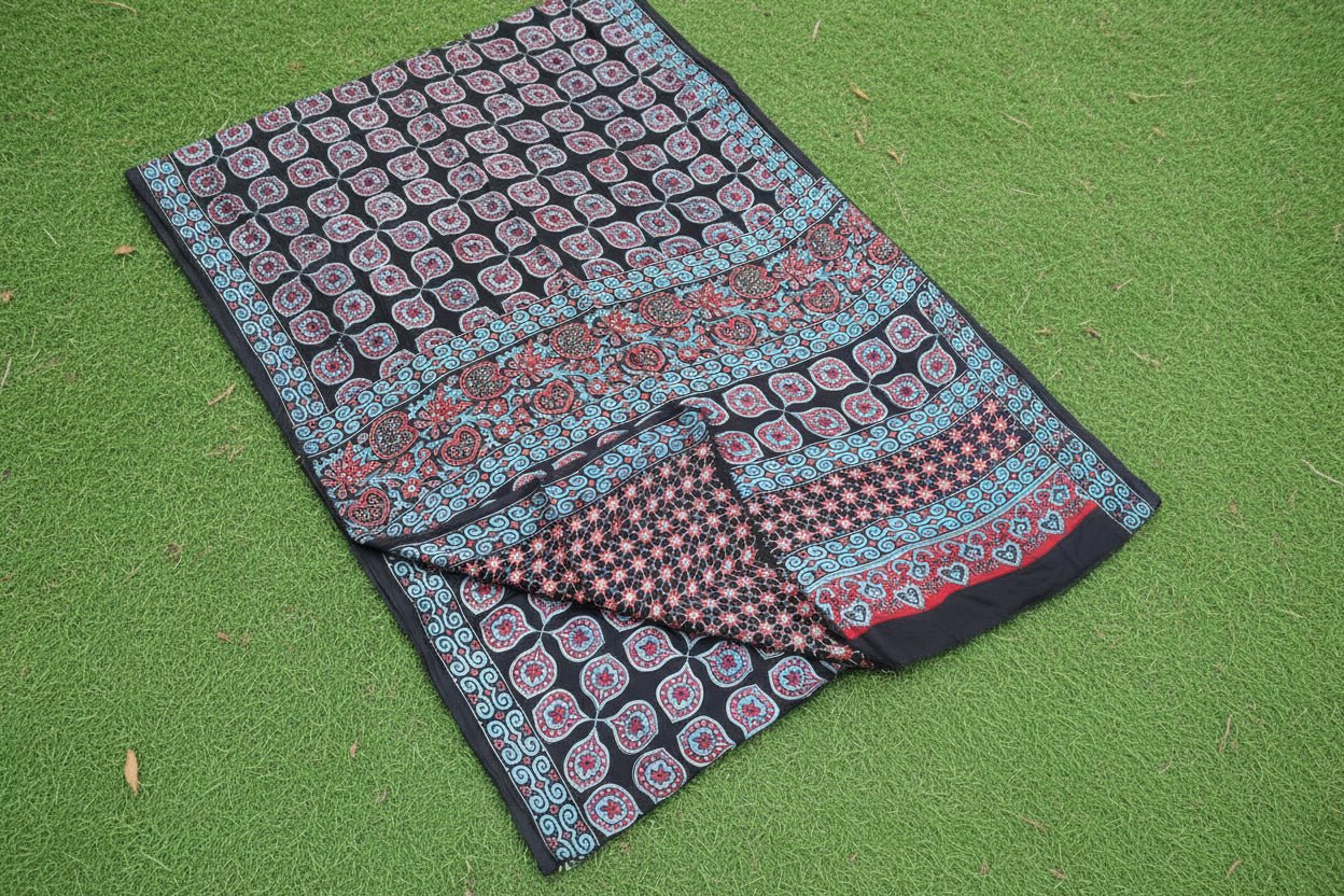 Black and Maroon Ajrakh Handblock Printed Modal Silk Saree - Kleemkaara
