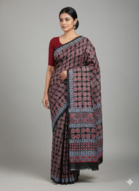 Black and Maroon Ajrakh Handblock Printed Modal Silk Saree - Kleemkaara