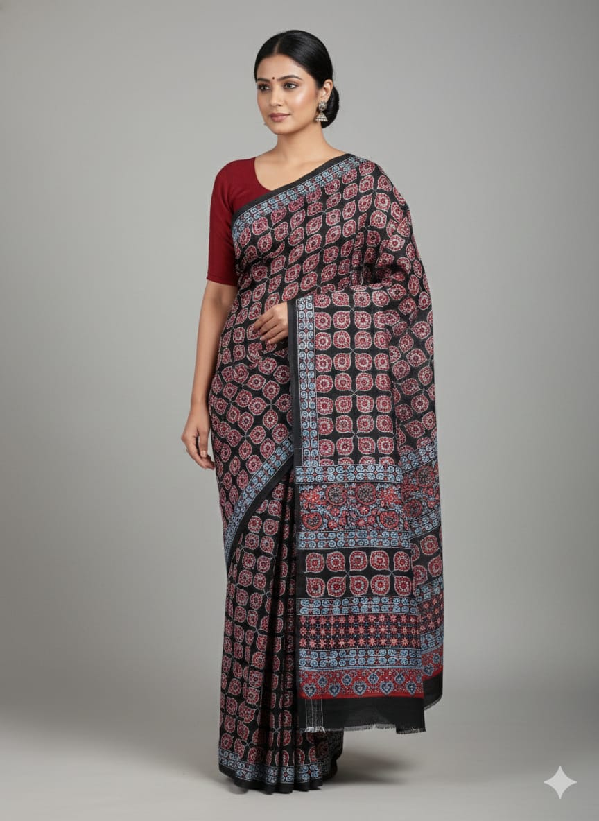Black and Maroon Ajrakh Handblock Printed Modal Silk Saree - Kleemkaara