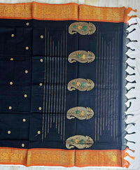 Black Handloom Venkatagiri Cotton Saree with Orange Zari Border - Kleemkaara