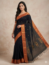 Black Handloom Venkatagiri Cotton Saree with Orange Zari Border - Kleemkaara