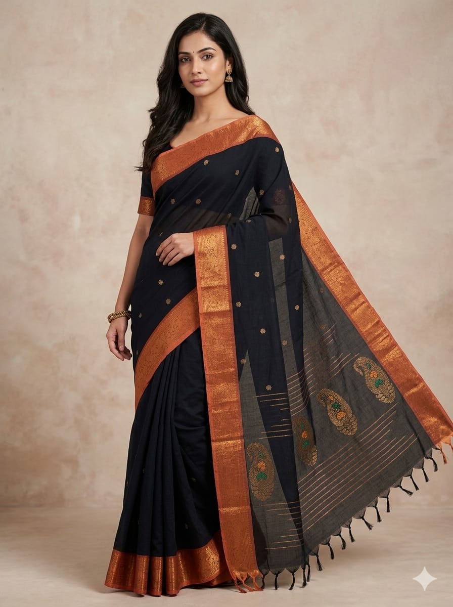 Black Handloom Venkatagiri Cotton Saree with Orange Zari Border - Kleemkaara