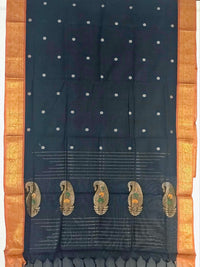 Black Handloom Venkatagiri Cotton Saree with Orange Zari Border - Kleemkaara